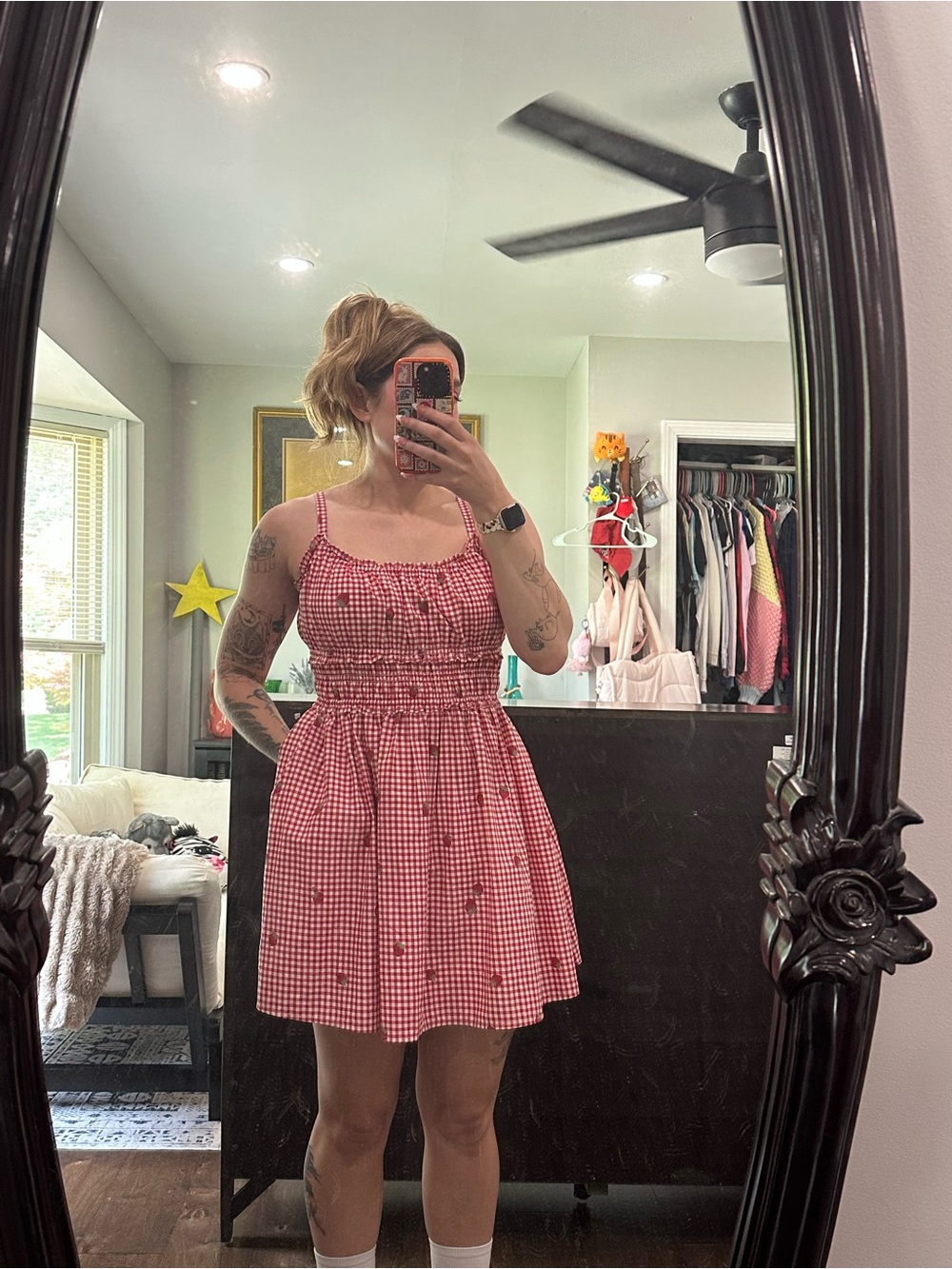 Abercrombie & Fitch Red Gingham Smocked Strap Dress with Strawberry Print - Picture 8 of 8